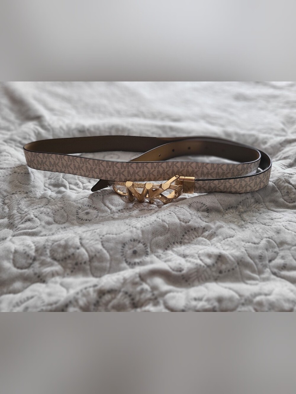 Michael Kors Logo Monogram Belt in Beige with Gold MK Buckle